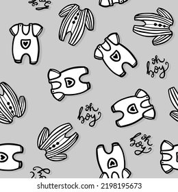 Hand Drawn Messy Baby Outfits With Oh Boy Words. Abstract Linear Vector Illustration. Black And White Seamless Pattern Isolated On Gray Background.