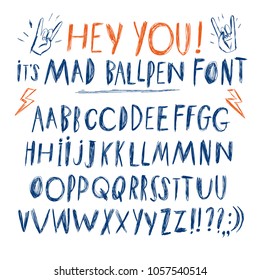 Hand drawn messy ballpen vector ABC  letters set. Doodle comic font for your design.
