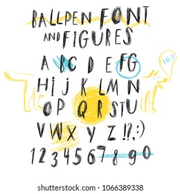Hand drawn messy ballpen vector ABC  letters and figures. Doodle comic font for your design.