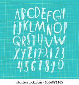 Hand drawn messy ballpen vector ABC  letters and figures. Doodle comic font for your design.
