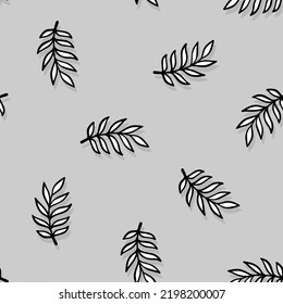 Hand drawn messy branches with leaves. Abstract botanical vector illustration. Black and white seamless pattern isolated on gray background.