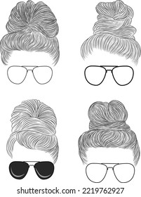 Hand Drawn Messy Bun Black Long Hair With Retro Sunglasses Collection Isolated In a White Background Vector Illustration, Messy Hair Set Drawings