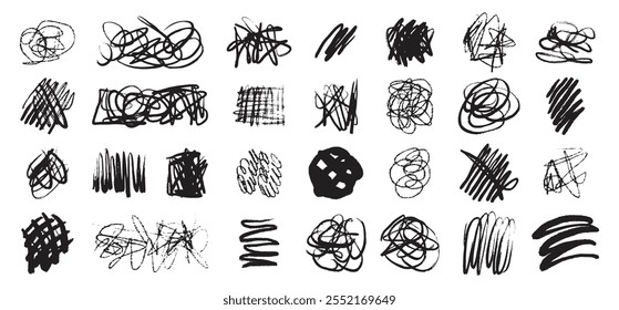 Hand drawn messy chaotic scribble lines collection. Brush freehand doodle scribbles on white background. Vector illustration