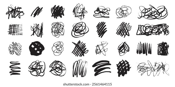 Hand drawn messy chaotic scribble lines collection. Brush freehand doodle scribbles on white background. Vector illustration