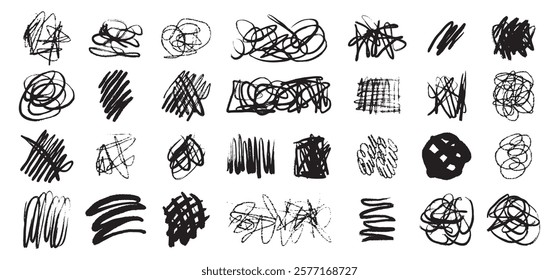 Hand drawn messy chaotic scribble lines collection. Brush freehand doodle scribbles on white background. Vector illustration