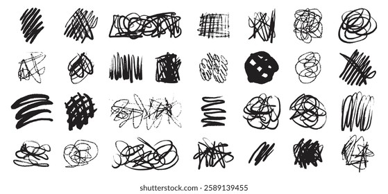 Hand drawn messy chaotic scribble lines collection. Brush freehand doodle scribbles on white background. Vector illustration
