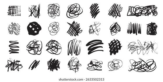 Colección de líneas de garabato caótico dibujado a mano. Pincel garabatos a mano alzada sobre fondo blanco. Ilustración vectorial