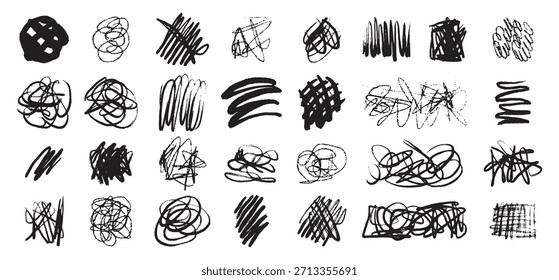 Handgezeichnete chaotische Kritzellinien Sammlung. Pinsel freihändig doodle Kritzeln auf weißem Hintergrund. Vektorgrafik