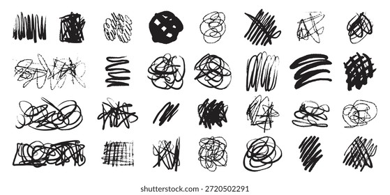 Coleção de linhas de rabisco caóticas desenhadas à mão. Escove rabiscos doodle à mão livre no fundo branco. Ilustração vetorial