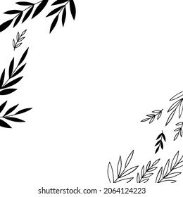 Hand drawn messy leaf twig branch shapes. Abstract botanical vector illustration. Monochrome decorative centerpiece isolated on white background.