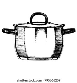 Hand drawn Metal Pot or Casserole Kitchen Utensils for Home and Restaurant. Vector illustration isolated on white background