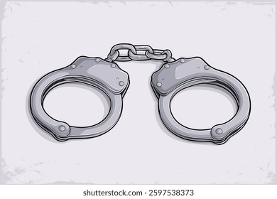Hand drawn metallic handcuffs, metal fastening cuffs connected by a chain for security and society justice