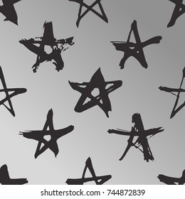 Hand drawn metallic paint seamless pattern. Stars background. Silver Abstract brush drawing. Grunge Vector art illustration