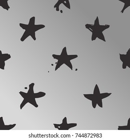 Hand drawn metallic paint seamless pattern. Stars background. Silver Abstract brush drawing. Grunge Vector art illustration