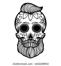 Hand drawn mexican bearded sugar skull isolated on white background. Design element for poster, card, banner, t shirt, emblem, sign. Vector illustration