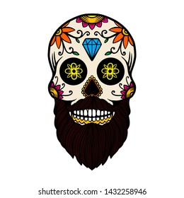 Hand drawn mexican bearded sugar skull isolated on white background. Design element for poster, card, banner, t shirt, emblem, sign. Vector illustration