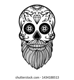 Hand drawn mexican bearded sugar skull isolated on white background. Design element for poster, card, banner, t shirt, emblem, sign. Vector illustration