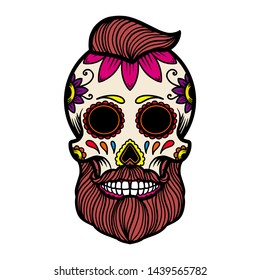 Hand drawn mexican bearded sugar skull isolated on white background. Design element for poster, card, banner, t shirt, emblem, sign. Vector illustration