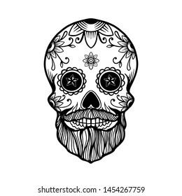 Hand drawn mexican bearded sugar skull isolated on white background. Design element for poster, card, banner, t shirt, emblem, sign. Vector illustration