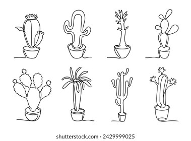 Hand drawn Mexican cacti, home decor plants. Flowerpot with succulent of various shapes one continuous line. Botanical elements for interior decoration. Exotic beautiful bloom isolated vector set