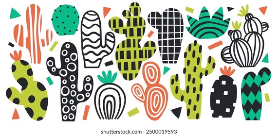 Hand drawn mexican cactus with different doodle cute geometry pattern set isolated on white background. Exotic tropical prickly succulent natural garden with decorative ornaments vector illustration