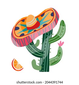 Hand drawn Mexican cactus and sombrero vector flat illustration. Traditional Mexico hat headdress on desert wild plant with thorns, flowers isolated. Cultural Latino tropical flora with orange slice