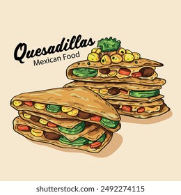 Ilustración vectorial de comida mexicana de quesadillas