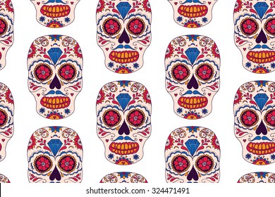 Hand drawn Mexican Day of The Dead seamless pattern. Vector colorful sugar skull with floral ornament. White background