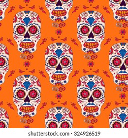 Hand drawn Mexican Day of The Dead seamless pattern. Vector colorful sugar skull with floral ornament. 