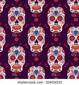 Hand drawn Mexican Day of The Dead seamless pattern. Vector colorful sugar skull with floral ornament. 