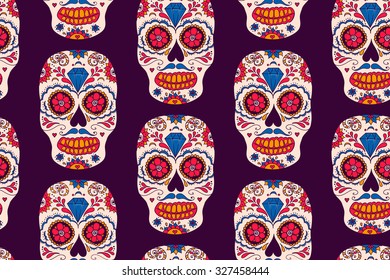 Hand drawn Mexican Day of The Dead seamless pattern. Vector colorful sugar skull with floral ornament.