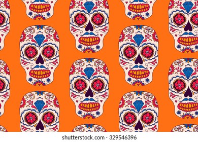 Hand drawn Mexican Day of The Dead seamless pattern. Vector colorful sugar skull.