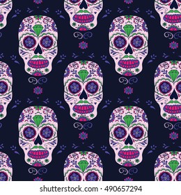 Hand drawn Mexican Day of The Dead seamless pattern. Vector colorful sugar skull with floral ornament. 