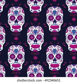 Hand drawn Mexican Day of The Dead seamless pattern. Vector colorful sugar skull with floral ornament. 