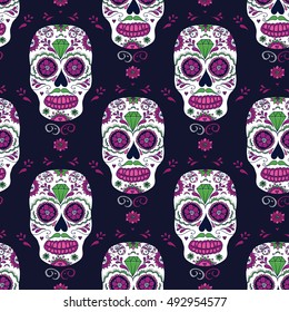 Hand drawn Mexican Day of The Dead seamless pattern. Vector colorful sugar skull with floral ornament. 