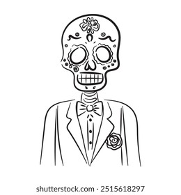 o crânio mexicano dia de los muertos desenhado à mão isolado no fundo branco. Elemento de design para cartaz, cartão, banner, t shirt, emblema, sinal. Ilustração vetorial