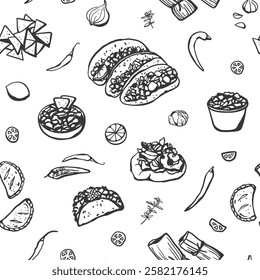 Hand drawn Mexican dishes and products seamless pattern. Simple design of Mexican cuisine for textile, fabric, wrapping paper