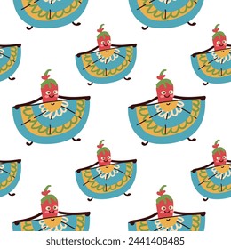 hand drawn mexican element seamless pattern. Vector illustration of mexican dancing pepper