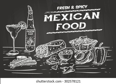 Hand drawn of Mexican food and drinks on a chalkboard