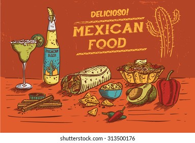 Hand drawn of Mexican food and drinks