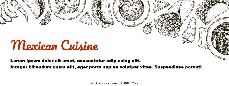 Hand drawn Mexican food horizontal banner. Vector illustration in sketch style