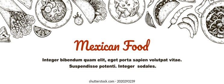 Cartel horizontal de comida mexicana dibujado a mano. Ilustración vectorial en el estilo de esbozo