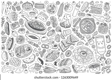 Hand drawn Mexican food set doodle vector illustration background