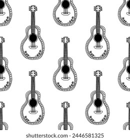 Hand drawn Mexican guitar vector seamless pattern