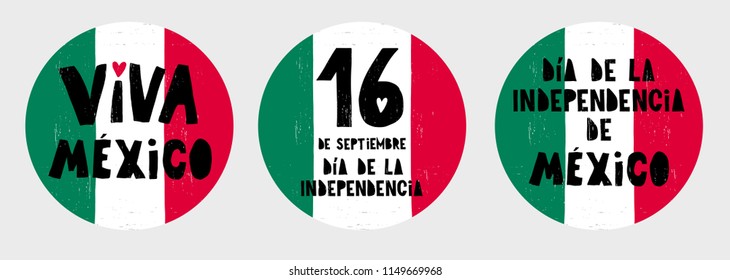 Hand Drawn Mexican Independence Day Vector Circle Shape Tags Green  White   Red Mexican Flag  Black Handwritten Letteres Red Heart  Mexican Independence Day Illustration Set  Abstract Cake Toppers 