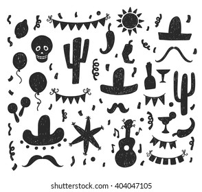 Hand drawn mexican party signs and symbols doodle silhouettes set