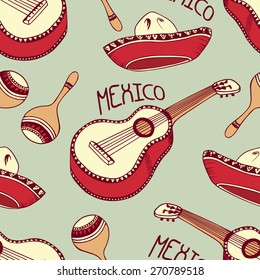 Hand drawn mexican seamless pattern with sombrero, guitar and maracas. Vector illustration