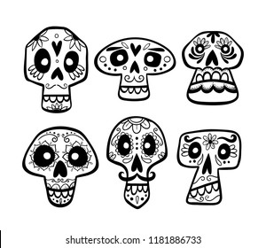 Hand drawn mexican skull collection. Cute cartoon sugar skulls isolated on white background. Set 2 of 2. Vector illustration.