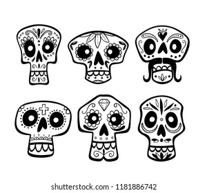 Hand drawn mexican skull collection. Cute cartoon sugar skulls isolated on white background. Set 1 of 2. Vector illustration.