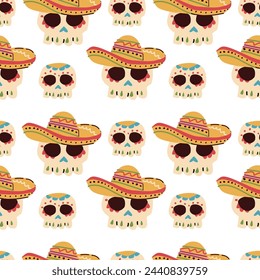 hand drawn mexican skull in hat seamless pattern. Vector illustration of mexican elements background. 
